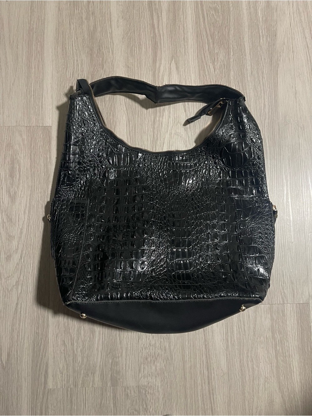 Black Croc-Embossed Hobo Bag